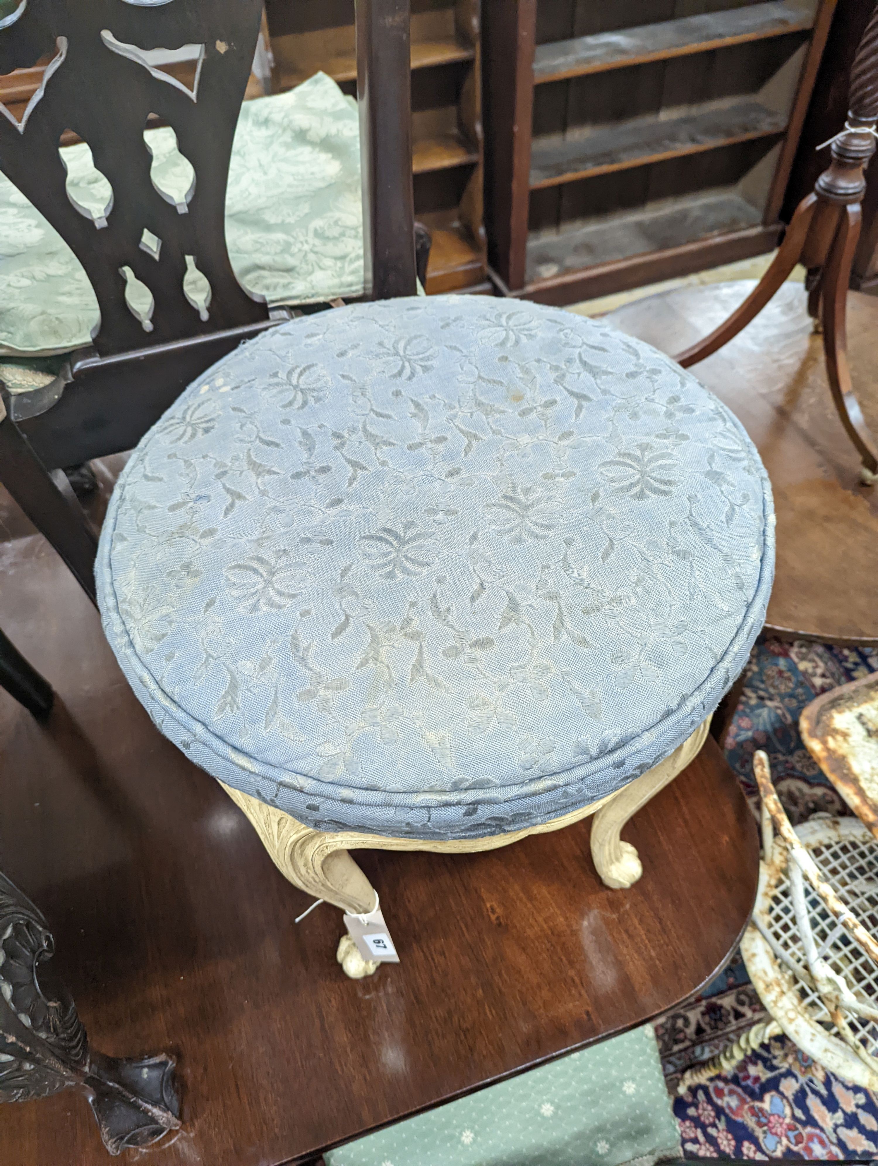 A 1930's painted circular cabriole leg dressing stool, diameter 44cm, height 48cm